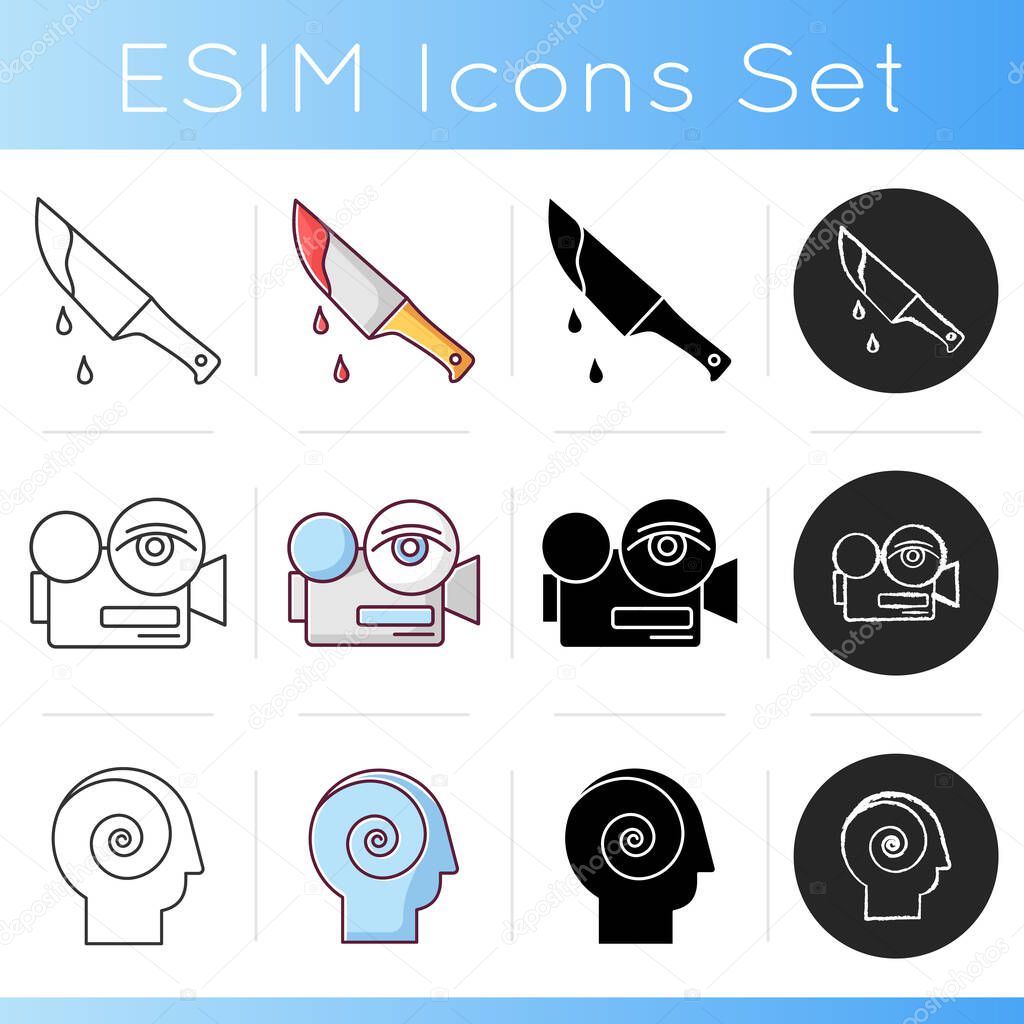 Independent movies icons set. Linear, black and RGB color styles. Cinema genres for non broad audiences. Thriller films, arthouse and philosophical picture. Isolated vector illustrations