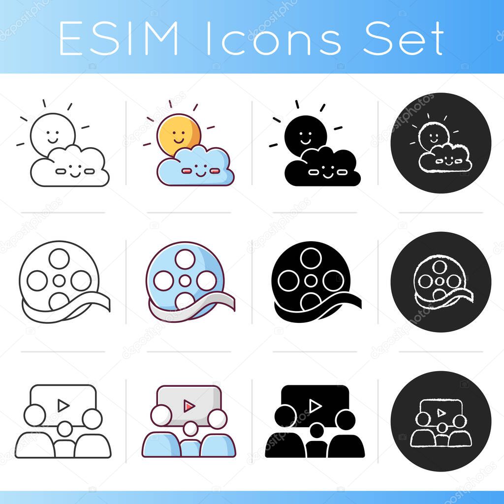 Common movies and tv genres icons set. Linear, black and RGB color styles. Popular film types. Kids cartoons, documentary films and family friendly pictures. Isolated vector illustrations