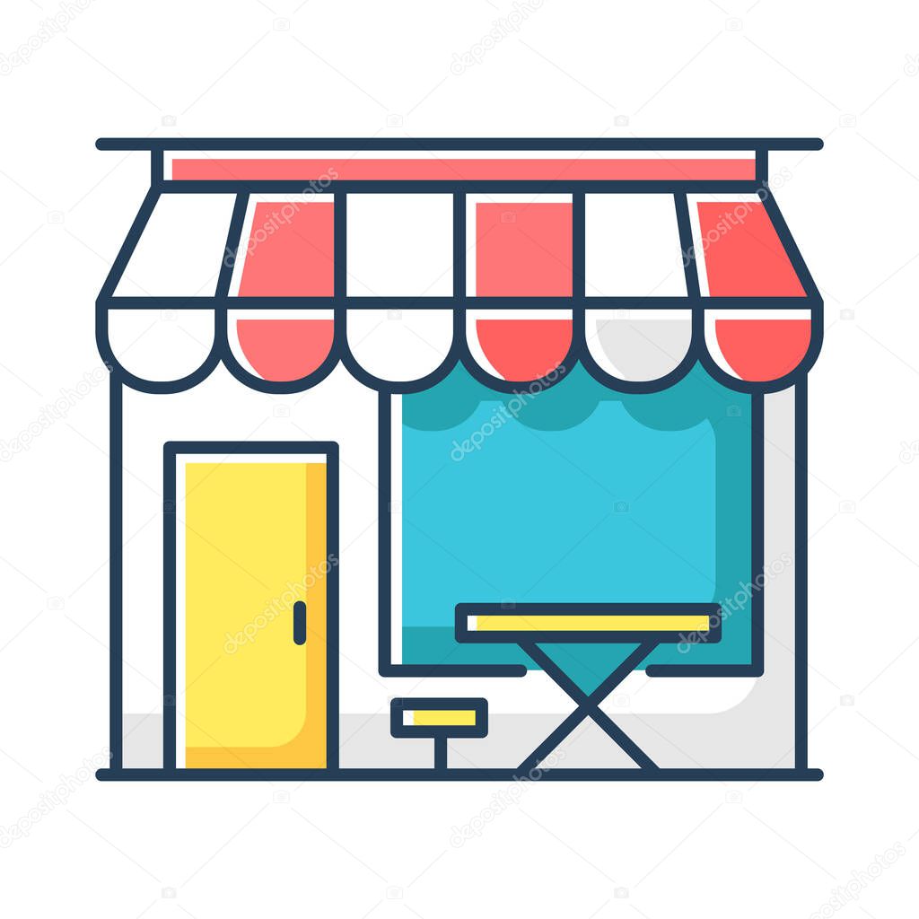 Cafe front RGB color icon. Coffeeshop storefront. Cafeteria exterior. Bistro building with display and striped awning. Table and chair at diner terrace. Isolated vector illustration