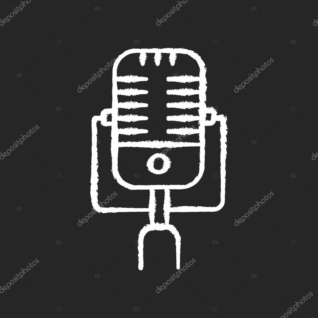 Vintage microphone chalk white icon on black background. Mic to perform live on stage. Musical concert. Announcement on radio. Karaoke and entertainment. Isolated vector chalkboard illustration