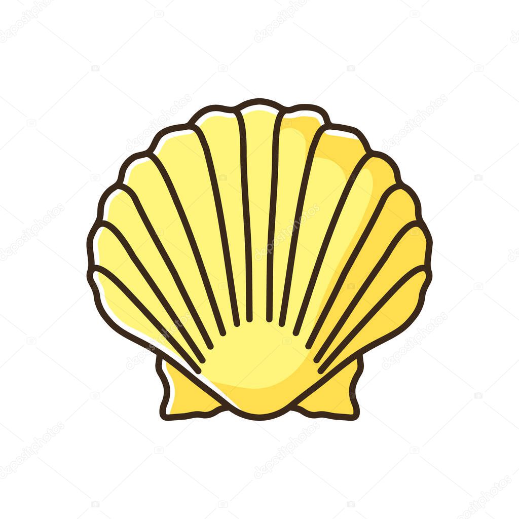 Scallop shell yellow RGB color icon. Exotic seashell, decorative conch. Ocean souvenir, conchology Chlamys imbricatus. Oyster, clam shell isolated vector illustration