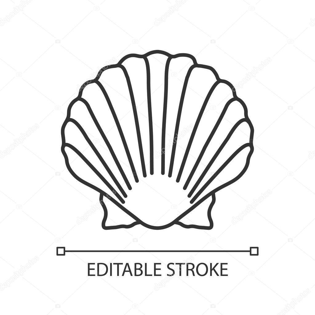 Scallop shell pixel perfect linear icon. Exotic seashell, decorative conch. Thin line customizable illustration. Contour symbol. Oyster, clam shell vector isolated outline drawing. Editable stroke