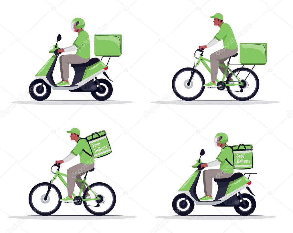 Package vehicle transportation flat vector illustrations set. African man on motorbike. American deliveryman with food delivery. Male bike courier in green uniform isolated cartoon one character kit