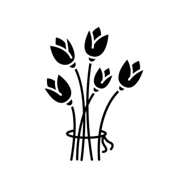 Çiçekler siyah kabartma simgesi. Selamlamak için buket. Romantik hediye. Çiçek açan laleler. Çiçek açan bir çiçek. Çiçek teslimatı. Beyaz uzayda siluet sembolü. Vektör izole illüstrasyonu