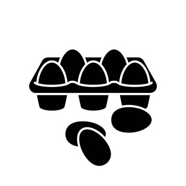 Siyah yumurta kabartma simgesi. Tavuk ürünleri tepside. Çiğ taze yiyecek yetiştiriyorum. Mutfak tarifi malzemesi. Süpermarket malzemeleri. Beyaz uzayda siluet sembolü. Vektör izole illüstrasyonu