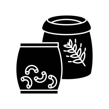 Tahıl ve makarna siyah kabartma simgesi. Makarna torbası. Sağlıklı pişmemiş yemek. Organik besleyici öğle yemeği. İtalyan mutfağı. Zımba. Beyaz uzayda siluet sembolü. Vektör izole illüstrasyonu