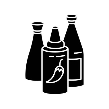 Sos siyah kabartma ikonu. Şişede ketçap. Barbekü pişirmek için konserve. Yemek tarifi. Yemek sargıları. Şişede acı sos. Beyaz uzayda siluet sembolü. Vektör izole illüstrasyonu