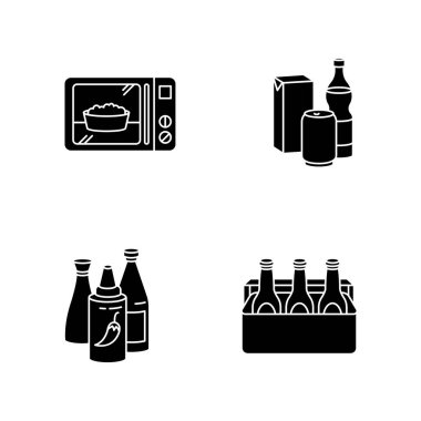 Gıda ürünleri, beyaz alana dizilmiş siyah kabartma sembolleri. Yemek hazır. Mikrodalga patlamış mısır. Farklı içecekler. Şişede ketçap. Alkol içeceği. Siluet sembolleri. Vektör izole illüstrasyonu
