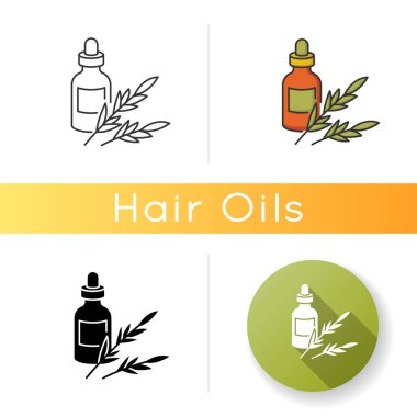 Biberiye yağı ikonu. Aromaterapi için bitkisel özü. Organik bitki bileşeni. Saç tedavisi için doğal kozmetik ürünü. Lineer siyah ve RGB renk stilleri. İzole vektör çizimleri