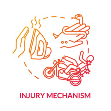 Traumatic injury mechanism concept icon. Household appliance burn and road accident, snakebite and motorcycle trauma thin line illustration. Vector isolated outline RGB color drawing clipart