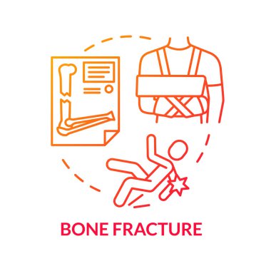 Kemik kırılganlığı ve kırık konsepti ikonu. Travma, iskelet hasarı, kalsiyum eksikliği, travmatik kaza fikri ince çizgi çizimi. Vektör izole edilmiş RGB renk çizimi