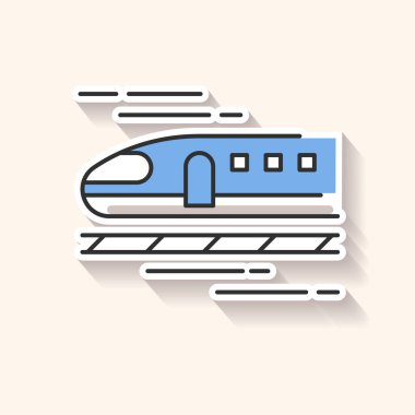 Tren bandı. Yüksek hızlı shinkansen. Yolculuk için Japon mermi treni. Hızlı ulaşım. Yolculuk için demiryolu. Turizm taşımacılığı. RGB renkli basılabilir etiket. Vektör izole illüstrasyonu