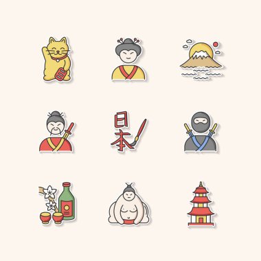Japonya basılabilir yamaları. Maneki neko. Geyşa kadın. Fuji Dağı. Samuray ve ninja. Asya el yazısı. Japonların RGB renk etiketleri, rozetleri ve rozetleri var. Vektör izole çizimleri