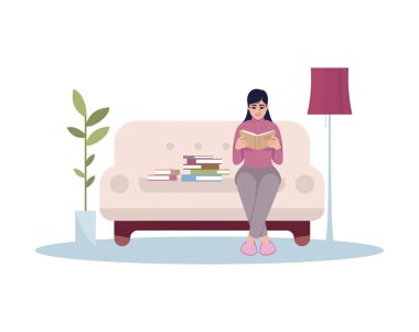Kadın yarı düz RGB renk çizimi okuyor. Kadın dergi ile kanepede oturuyor. Yaşam tarzı ve hobisi. Boş zaman için ev aktivitesi. Okuyucu beyaz arkaplandaki çizgi film karakterini izole etti