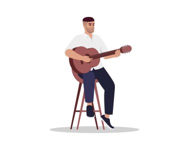 Müzisyen, akustik gitar yarı düz RGB renk çizimi çalıyor. Klasik müzik performansı. Gitarist konser sırasında tabureye oturur. Beyaz arkaplanda izole edilmiş çizgi film karakteri