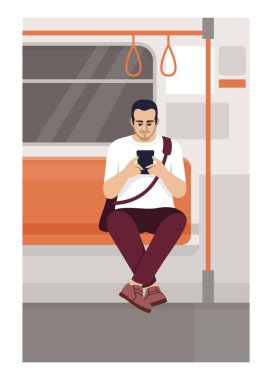 Trendeki yarı düz vektör çiziminde akıllı telefonu olan adam. Toplu taşımada bir erkek telefonu var. Wi-Fi bölgesindeki banliyöde oturan kişi. Ticari kullanım için Metro yolcusu 2D çizgi film karakterleri