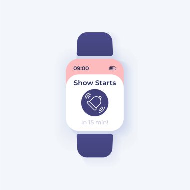 Uyarıyı akıllı arayüz vektör şablonunu göster. Mobil uygulama bildirim günü modu tasarımı. Mesaj ekranı hatırlatılıyor. Başvuru için düz UI. Akıllı saat ekranında zil çalıyor