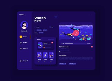 Video günlük servisi tablet arayüz vektör şablonu. Mobil uygulama sayfası gece modu tasarımı düzeni. Kullanıcı profili ekranı. Başvuru için düz UI. Taşınabilir aygıt görüntülemesindeki yeni akış ve iletiler