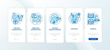 Yaşam stili koçluğu konseptli mobil uygulama sayfası ekranında. Pozitif düşünce. Kişisel gelişim sürecini 5 aşamalı grafik talimatlarla geliştir. RGB renk resimleriyle UI vektör şablonu