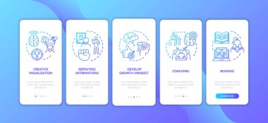 Mobil uygulama sayfası ekranında konseptlerle yaşam koçluğu. Pozitif düşünce. Kişisel gelişim sürecini 5 aşamalı grafik talimatlarla geliştir. RGB renk resimleriyle UI vektör şablonu