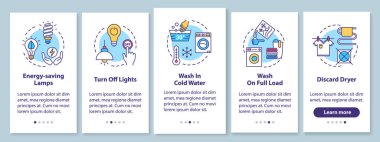 Mobil uygulama sayfası ekranında kavramlarla enerji tasarrufu ipuçları. Su ve elektrikten tasarruf ediyoruz. Beş aşamalı grafik talimatlar. RGB renk resimleriyle UI vektör şablonu