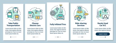 Yakıt tasarrufu ipuçları konseptli mobil uygulama sayfası ekranında. Para ekonomisi, çevrenin korunması beş aşamalı grafik talimatlar. RGB renk resimleriyle UI vektör şablonu