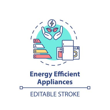 Enerji tasarruflu cihaz konsepti simgesi. Akıllı evi olan elektrik ekonomisi. Kaynak tasarrufu fikri ince çizgi çizimi. Vektör izole edilmiş RGB renk çizimi. Düzenlenebilir vuruş