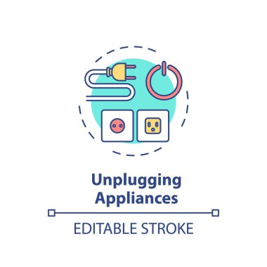 Aygıt konsepti simgesi çıkarılıyor. Kablo güvenliği. Yerli elektrik tüketimi. Kaynak tasarrufu fikri ince çizgi çizimi. Vektör izole edilmiş RGB renk çizimi. Düzenlenebilir vuruş