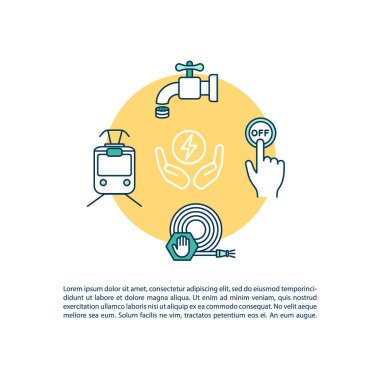 Metinli kaynak kaydetme konsepti simgesi. Elektrik, su ve yakıt atıkları azalıyor. Para ekonomisi PPT sayfa vektör şablonu. Broşür, dergi, kitapçık tasarım ögesi doğrusal çizimler