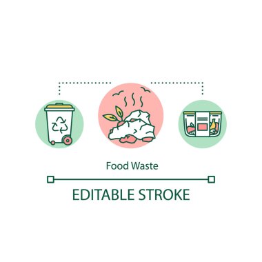 Yiyecek atığı konsepti ikonu. Atık yönetimi, gıda bozulması fikri ince çizgi çizimi. Geri dönüşüm, artık öğütme, ürün koruma. Vektör izole edilmiş RGB renk çizimi. Düzenlenebilir vuruş