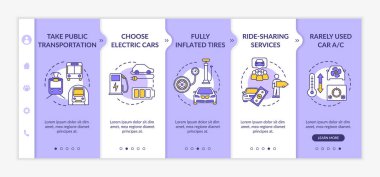 Yakıt tasarrufu ipuçları vektör şablonunda. Çevre koruma, seyahatten tasarruf. Simgeli ilgili mobil web sitesi. Web sayfası basamak ekranları. RGB renk kavramı