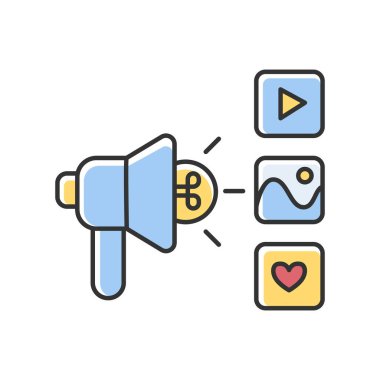 Kampanya RGB renk simgesi. Sosyal medya tanıtım duyurusu. Multimedya yönetimi, bilgi paylaşımı. Modern dijital abonelik desteği. Virüs yayını. İzole vektör illüstrasyonu