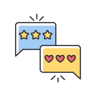 RGB renk simgesini gözden geçir. Müşteri memnuniyeti seviyesi. Sosyal medya geri bildirimi. Değerlendirme yıldız oranı. Mükemmel kalite. İyi sıralama. Olumlu yorum. İzole vektör illüstrasyonu