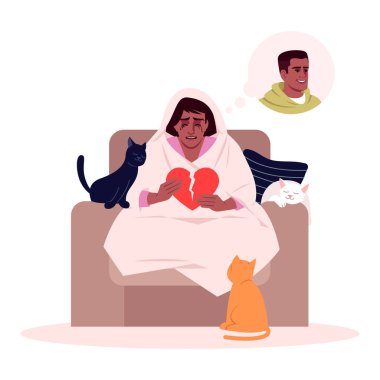 Yalnız ağlayan kadın yarı düz RGB renk çizimi. Kalbi kırık depresif Afrikalı Amerikalı kadın beyaz arka planda karikatür karakteri. Duygusal stres, ayrılık.