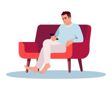 Akıllı telefonu yarı düz RGB renk çizimi olan genç bir adam. Beyaz arka planda izole edilmiş bir çizgi film karakterinde oturan üzgün beyaz adam. Duygusal stres, depresyon, alet bağımlılığı