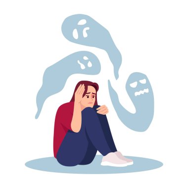 Ruhsal bozukluğu yarı düz RGB renk çizimi olan bir kız. Stresli kadın beyaz arka planda karikatür karakterinin hayaletlerinin musallat olduğu. Duygusal stres, depresyon, şizofreni