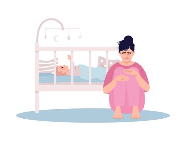 Stressed young mother semi flat RGB color vector illustration. Crying woman with newborn baby isolated cartoon character on white background. Postnatal depression, postpartum mood disorder clipart