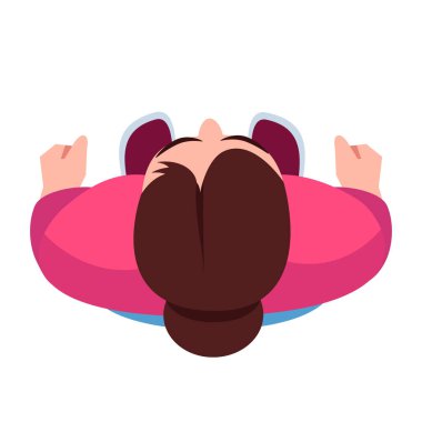 Kadın yarı düz RGB renk çizimi yapıyor. Şirket çalışanı. Pembe tişörtlü öğrenci. Kişinin duruşu ve konumu. Beyaz arkaplanda kadın izole çizgi film karakteri üst görünümü