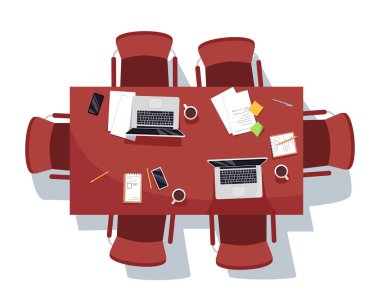 Boş toplantı odası yarı düz RGB renk çizimi. Konferans kahve arası. Belgeler ve bilgisayarlar masada. Ofis tablosu beyaz arkaplanda karikatür üst görünümü