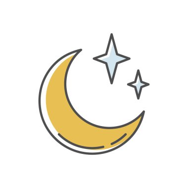 Açık gece gökyüzü RGB renk simgesi. Meteoroloji, hava tahmini bilim. Gökyüzü berraklığı öngörüsü. Hilal, parlak yıldızlı yarım ay izole edilmiş vektör çizimi