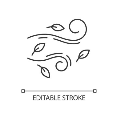 Rüzgarlı hava pikseli mükemmel doğrusal simge. Sonbahar meteoroloji tahmini, meteoroloji ince çizgi özelleştirilebilir illüstrasyon. Contour sembolü. Cool breeze vektörü izole edilmiş dış hat çizimi. Düzenlenebilir vuruş