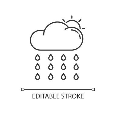 Çiseleme pikseli mükemmel doğrusal simge. Yağmur mevsimi, yaz yağmuru, meteoroloji ince çizgi özelleştirilebilir illüstrasyon. Contour sembolü. Yağmur altındaki güneş vektörü izole edilmiş dış hat çizimi. Düzenlenebilir vuruş