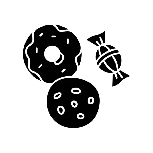 饼干和糖果黑石榴图标 糖果产品 甜甜圈加冰 烘焙品 用巧克力片做的饼干味道鲜美白色空间上的轮廓符号 矢量孤立的说明 — 图库矢量图片