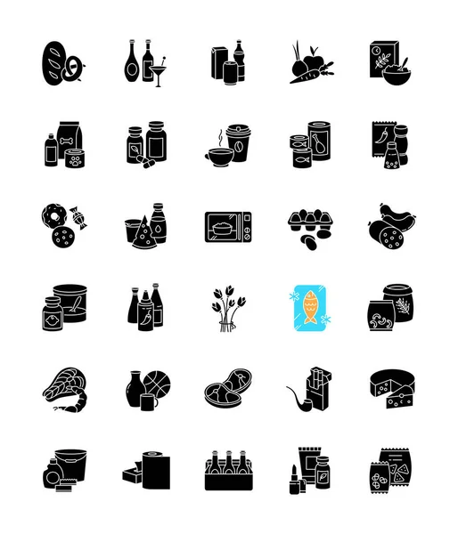 Categoría Comestibles Iconos Glifo Negro Establecidos Espacio Blanco Varias Secciones — Archivo Imágenes Vectoriales