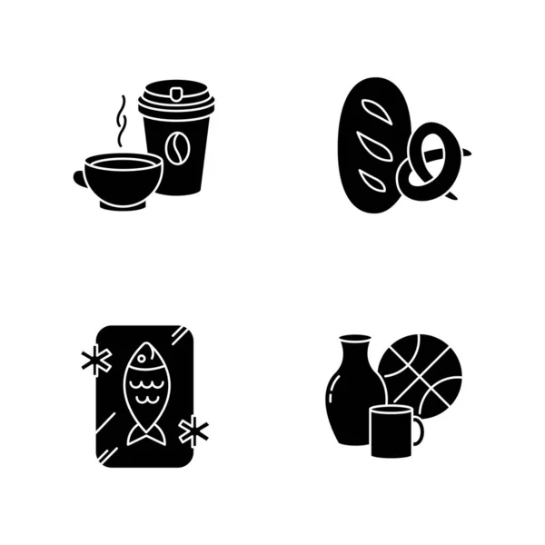 食物和货物的黑色色彩斑斓图标设置在白色空间 在一次性杯子里的咖啡杯子里的红茶冻鱼 保存好的海鲜杂项项目 轮廓符号 矢量孤立的说明 — 图库矢量图片