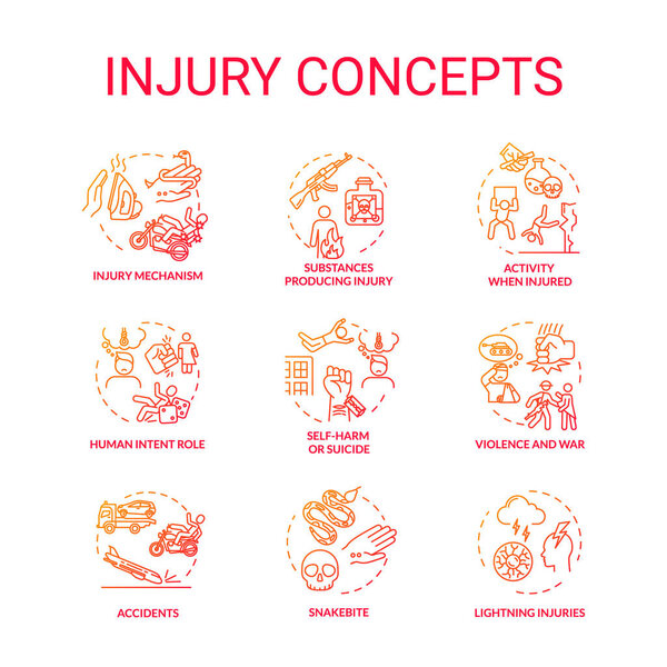 Injury factors, traumatic incident concept icons set. Human intention, domestic and traffic accidents, physical trauma idea thin line RGB color illustrations. Vector isolated outline drawings