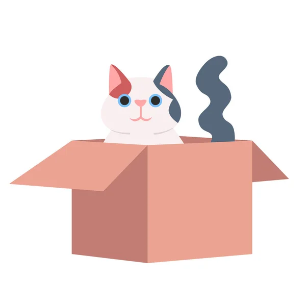 段ボール箱に座ってかわいい猫半フラットRgbカラーベクトルイラスト 白い背景に愛らしい家庭用ペット 遊び心のある子猫隔離された漫画のキャラクター 面白い動物 毛皮の猫 — ストックベクタ