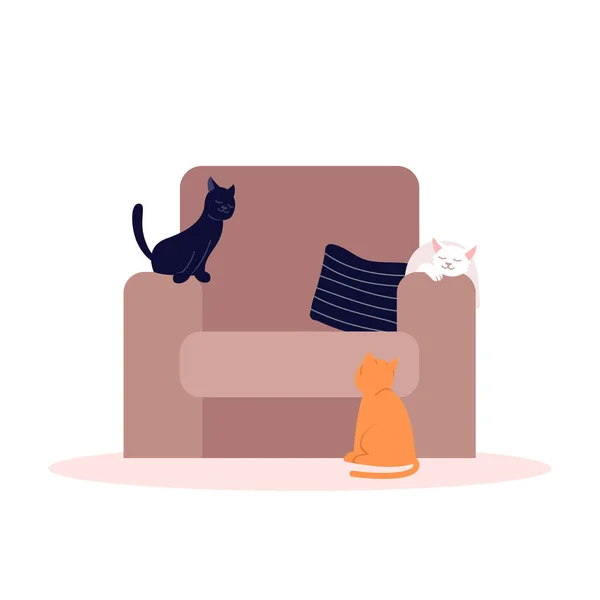 Χαριτωμένο Γάτες Μαλακό Πολυθρόνα Ημι Επίπεδη Rgb Χρώμα Διάνυσμα Εικονογράφηση — Διανυσματικό Αρχείο