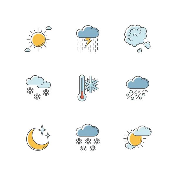 Himmlische Klarheit Und Niederschlag Rgb Farbsymbole Gesetzt Saisonale Wettervorhersage Meteorologischer — Stockvektor