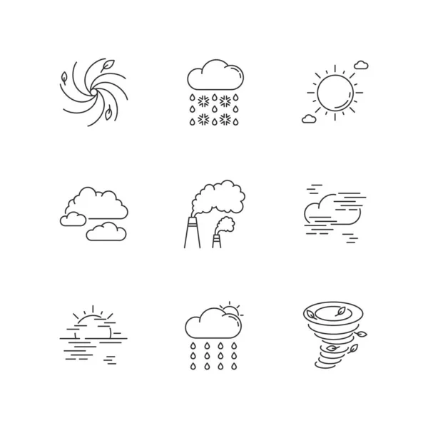 Meteorologie Pixel Perfecte Lineaire Pictogrammen Ingesteld Weersvoorspelling Wetenschap Milieu Conditie — Stockvector